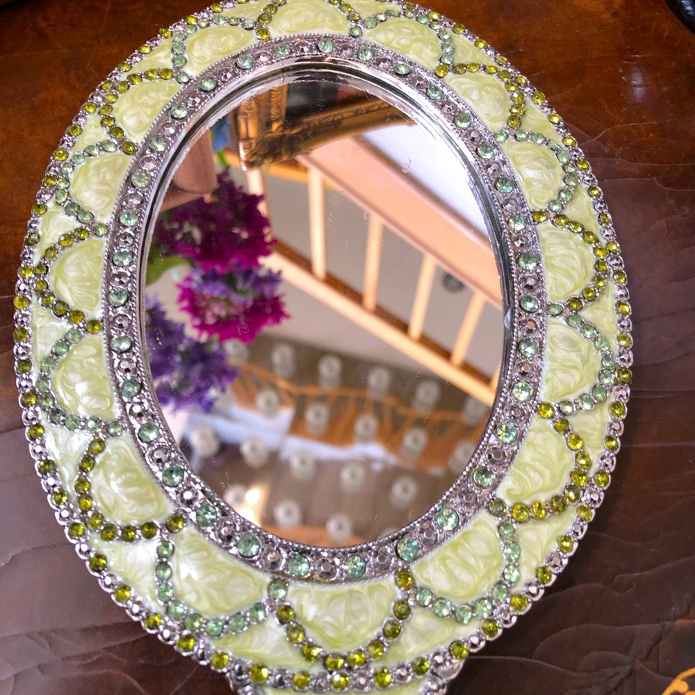 Gorgeous Enamel and Crystal Handy Makeup Mirror